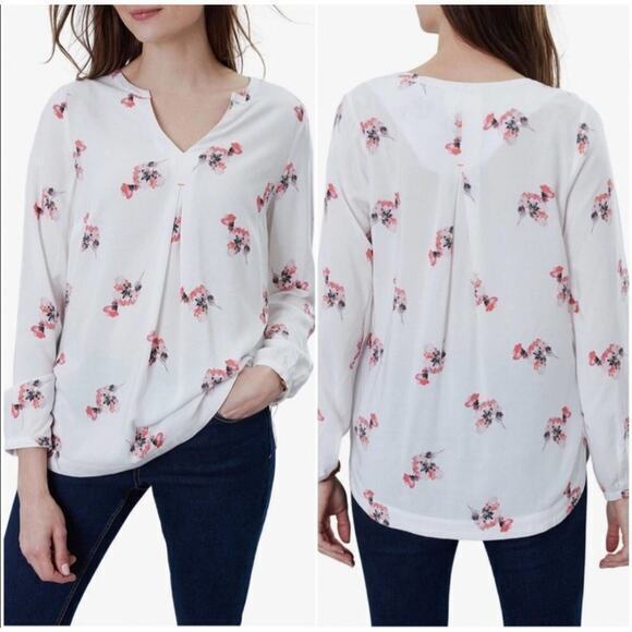 Joules Women's Split Neck Floral Curved Hem Blouse White Pink Size 8 - Picture 1 of 11